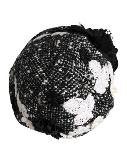 Black Wool White Floral Embellished Cloche Hat
