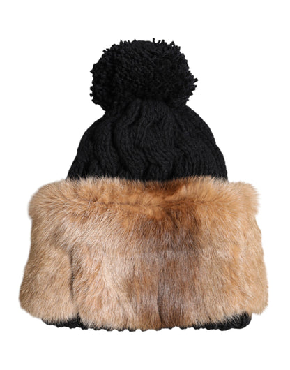 Black Brown Dyed Rabbit Real Fur Winter Beanie Hat