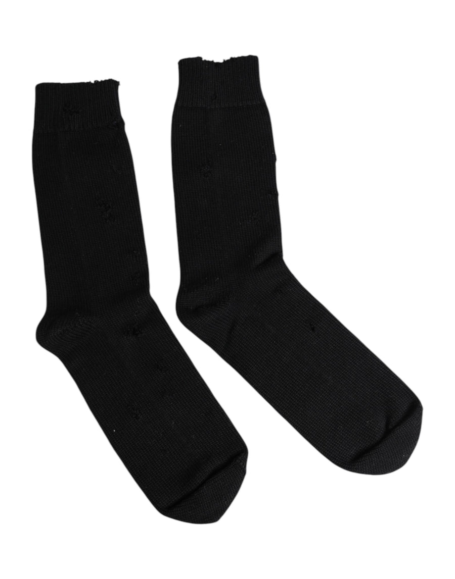 Black Solid Stretch Mid Calf Men Socks