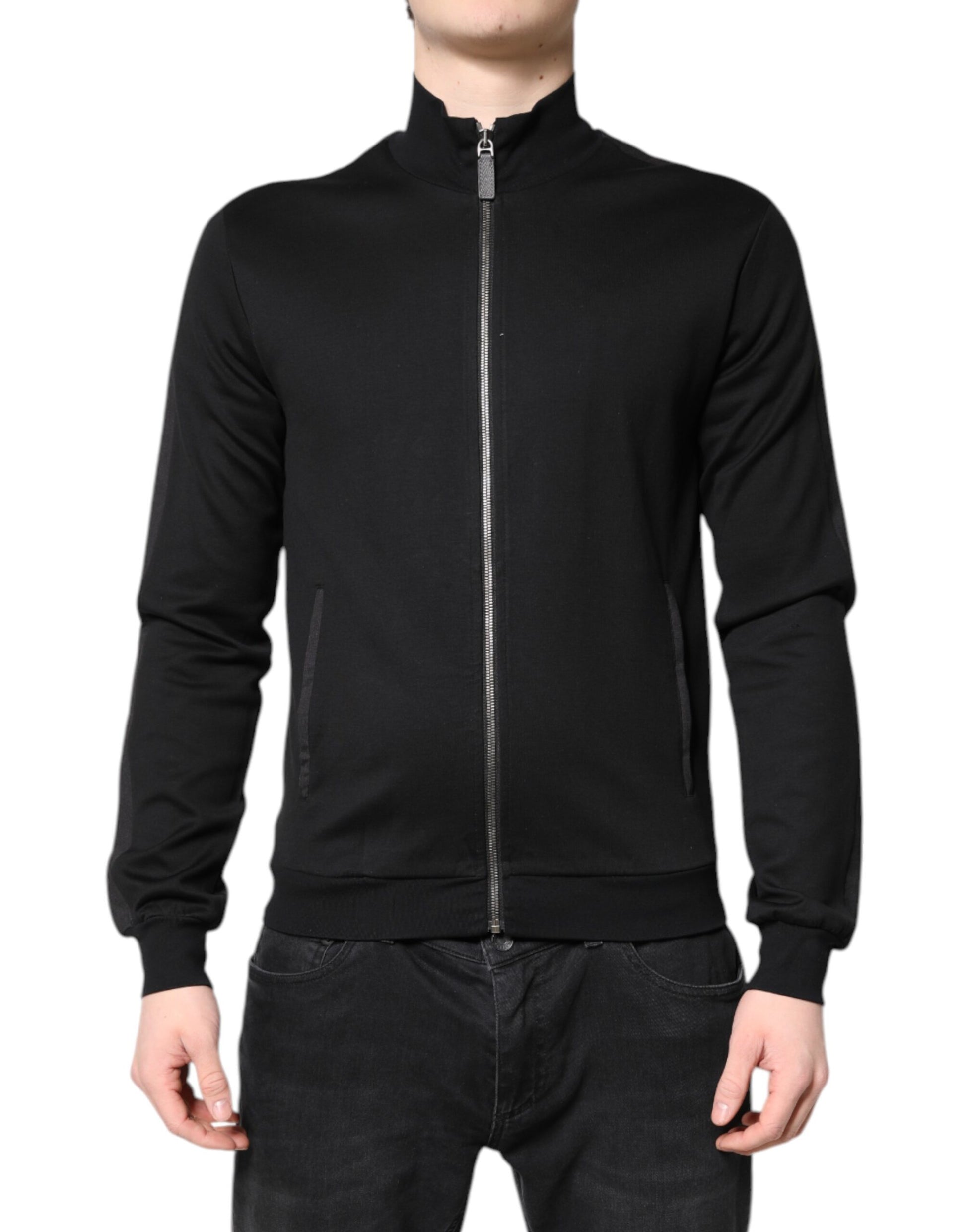 Black Cotton Logo Full Zip Men Bomber Jacket