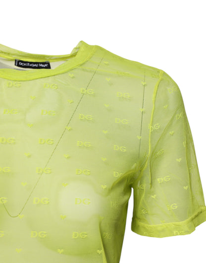 Green Nylon See Through Women Short Sleeves Top