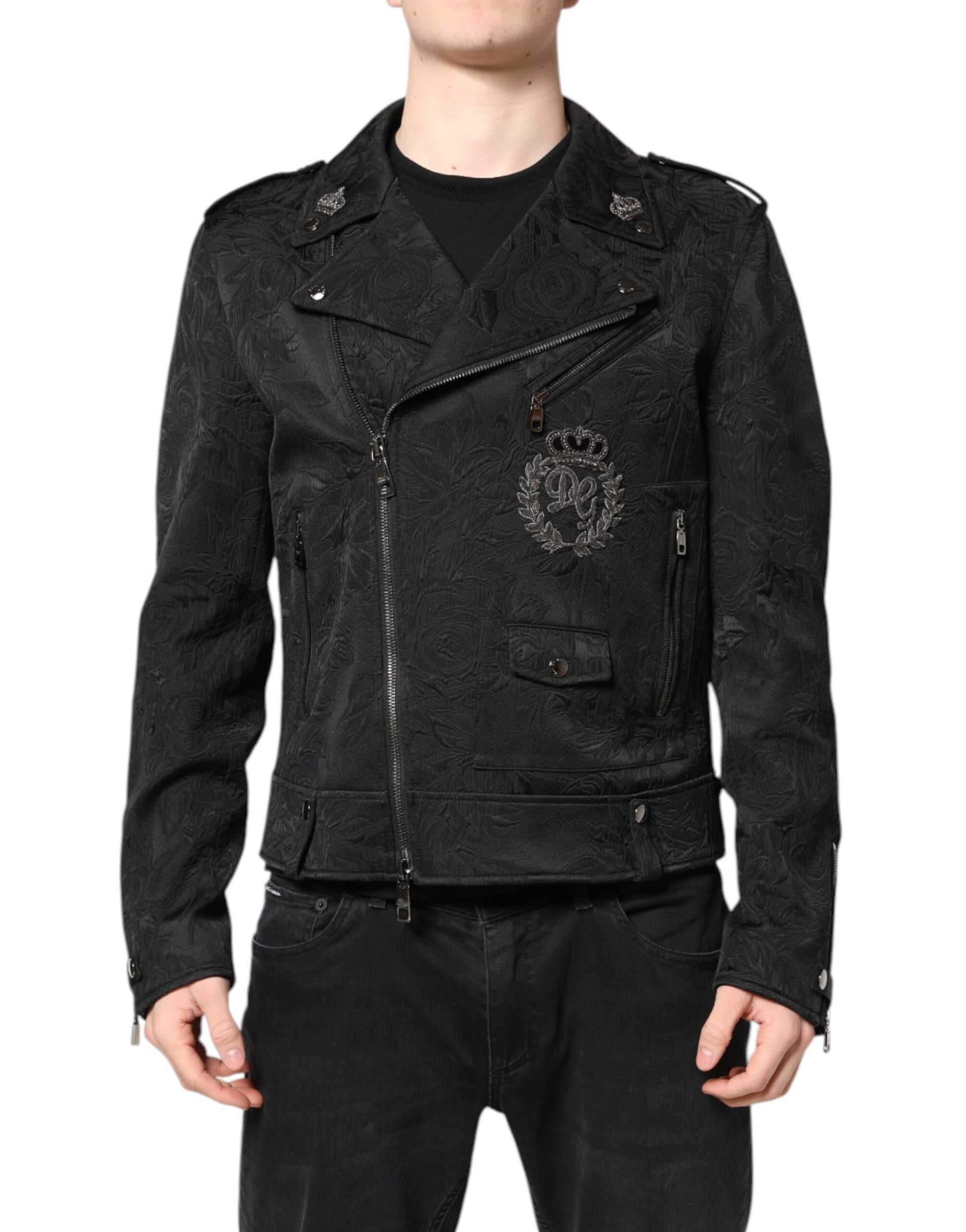 Black Brocade Cotton Full Zip Biker Jacket