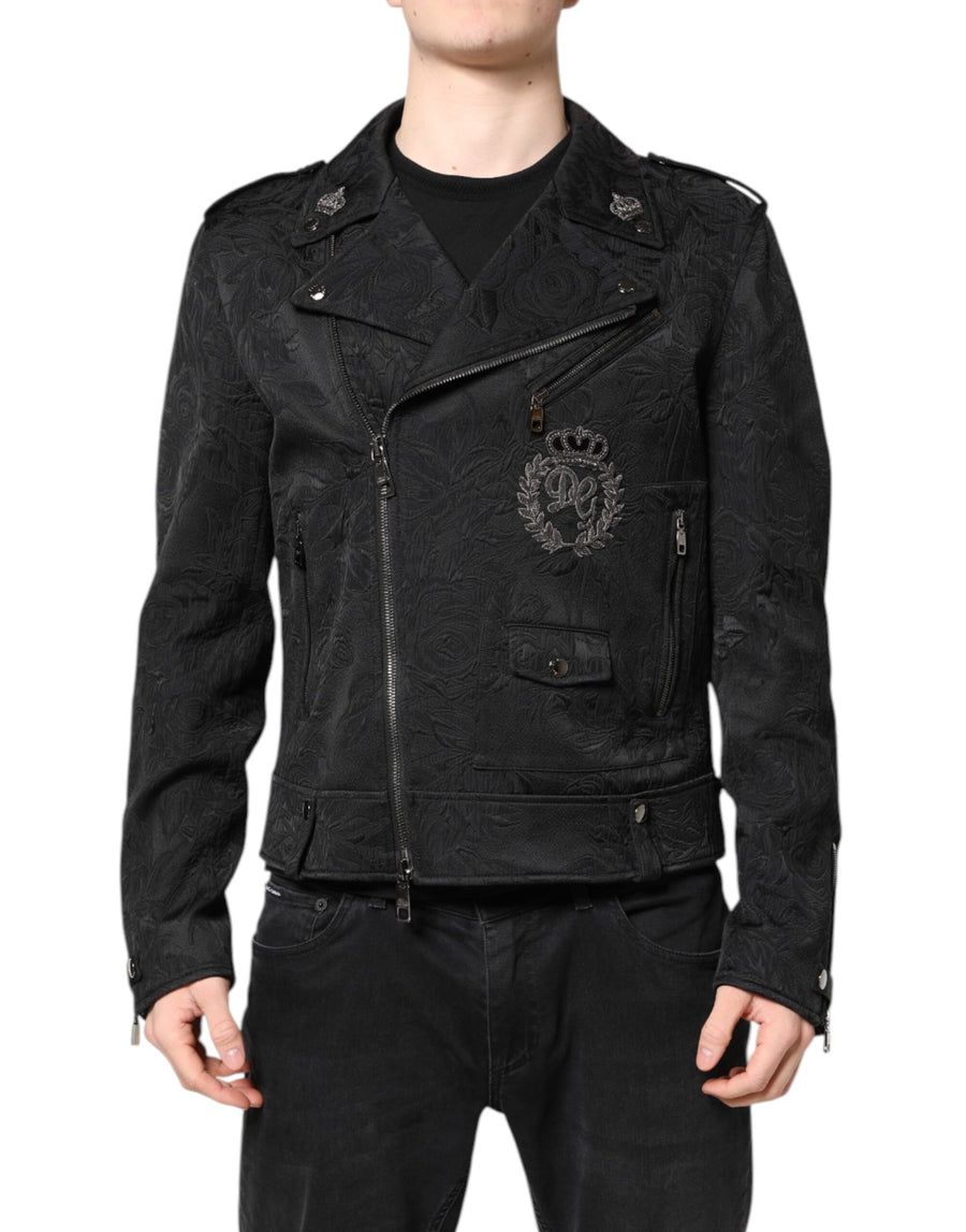 Black Brocade Cotton Full Zip Biker Jacket