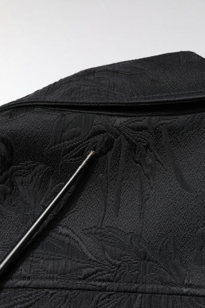 Black Brocade Cotton Full Zip Biker Jacket