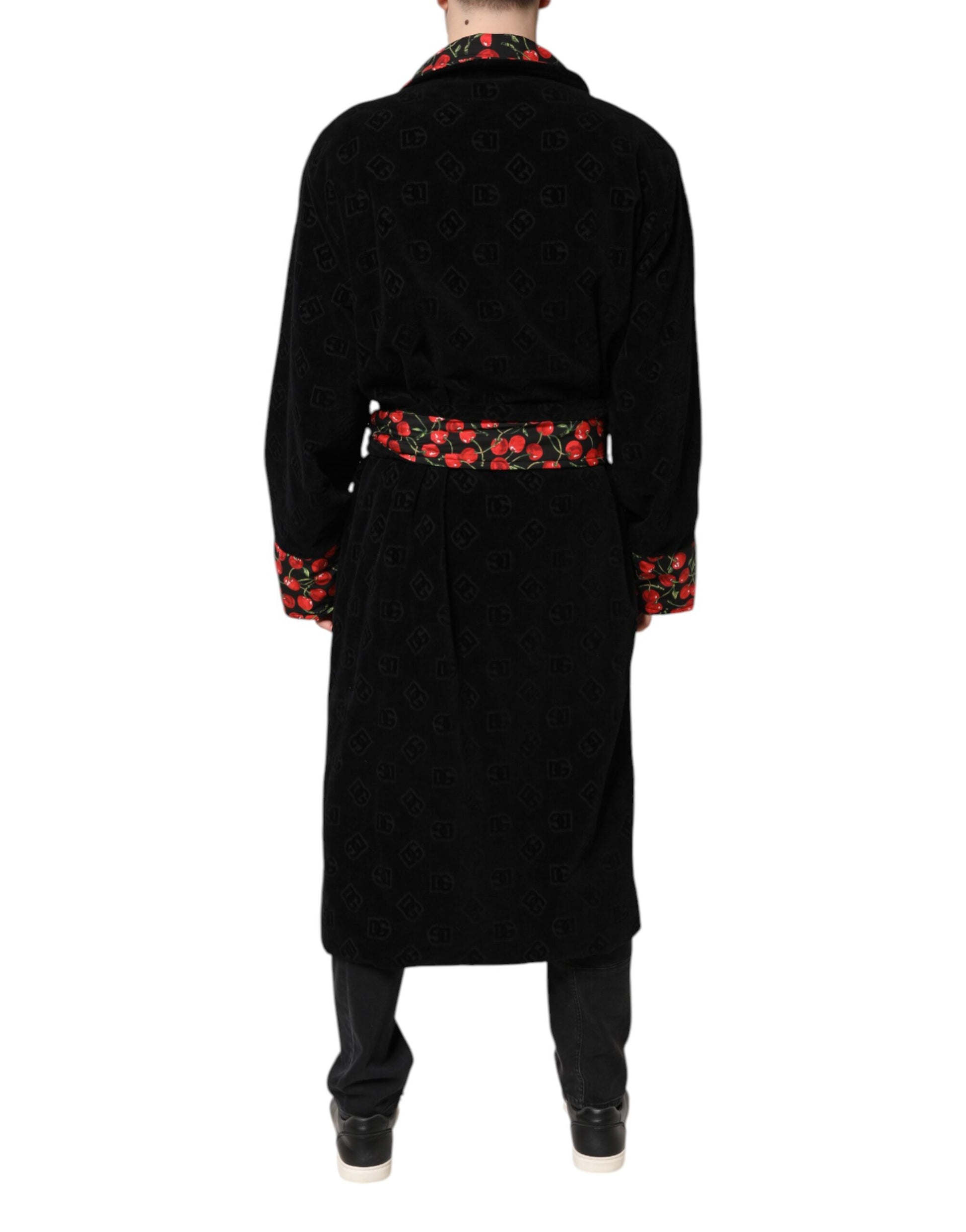 Black Cherry Print Wrap Robe Men Coat Jacket