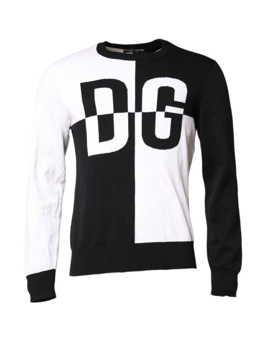 Black White Knit Logo Print Pullover Sweater