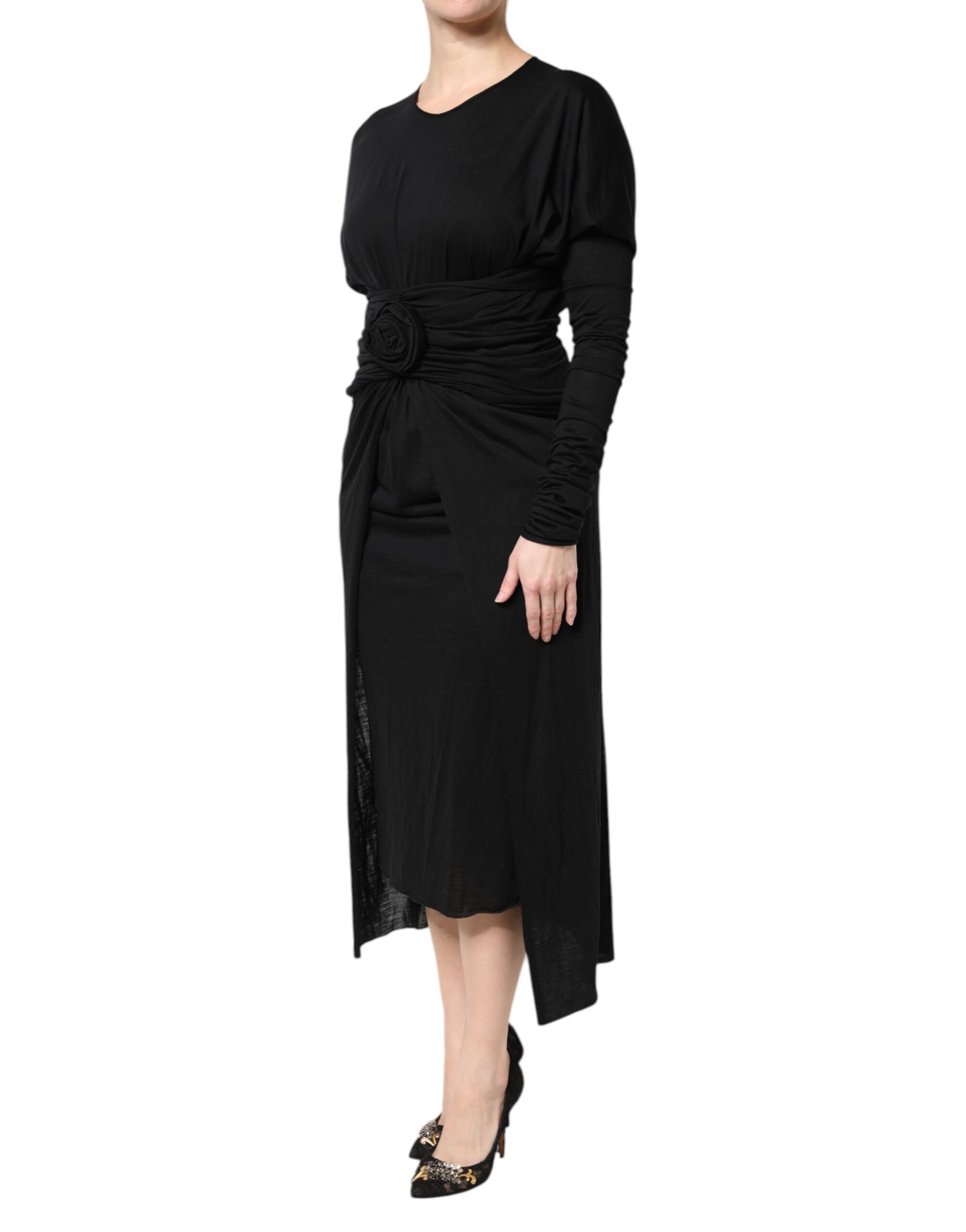 Black Wool Long Sleeves Sheath Midi Dress