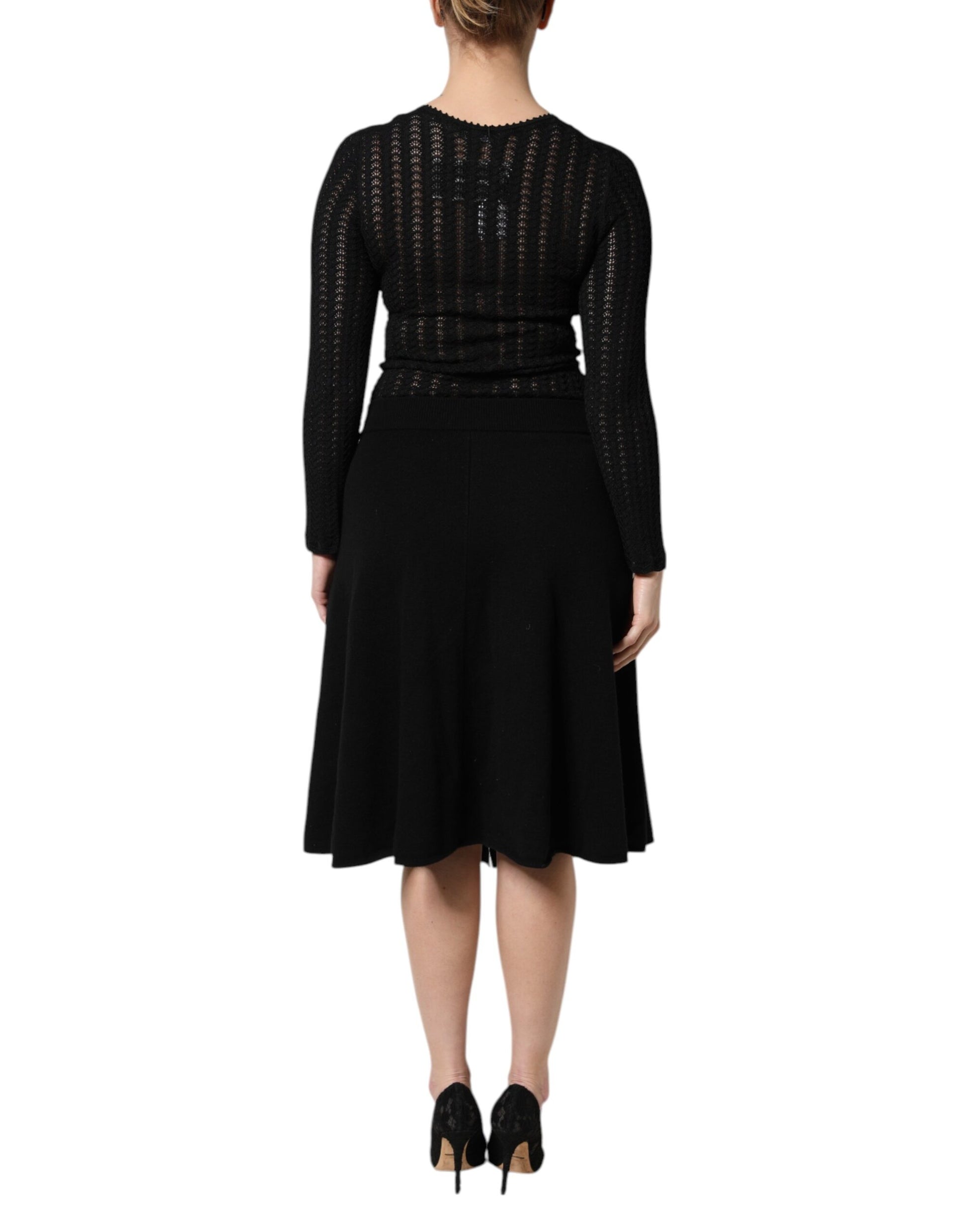 Black Cashmere Long Sleeves A-line Midi Dress
