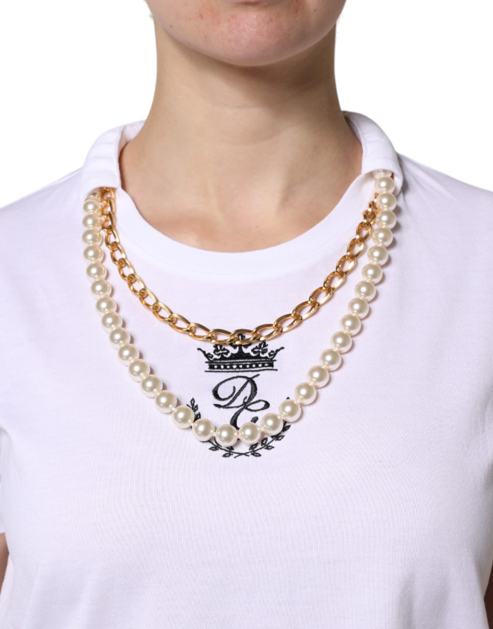 White Chain Pearl Cotton Round Neck T-shirt