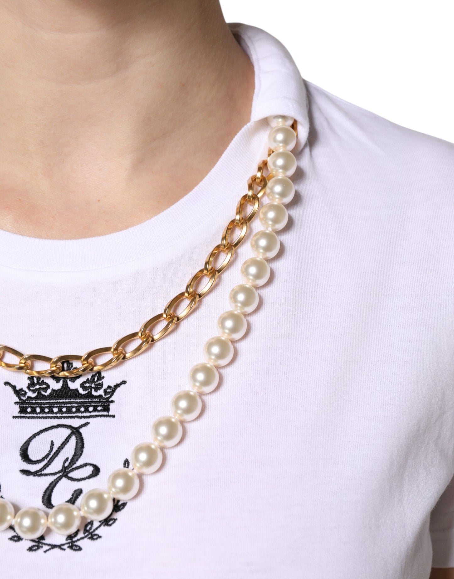 White Chain Pearl Cotton Round Neck T-shirt