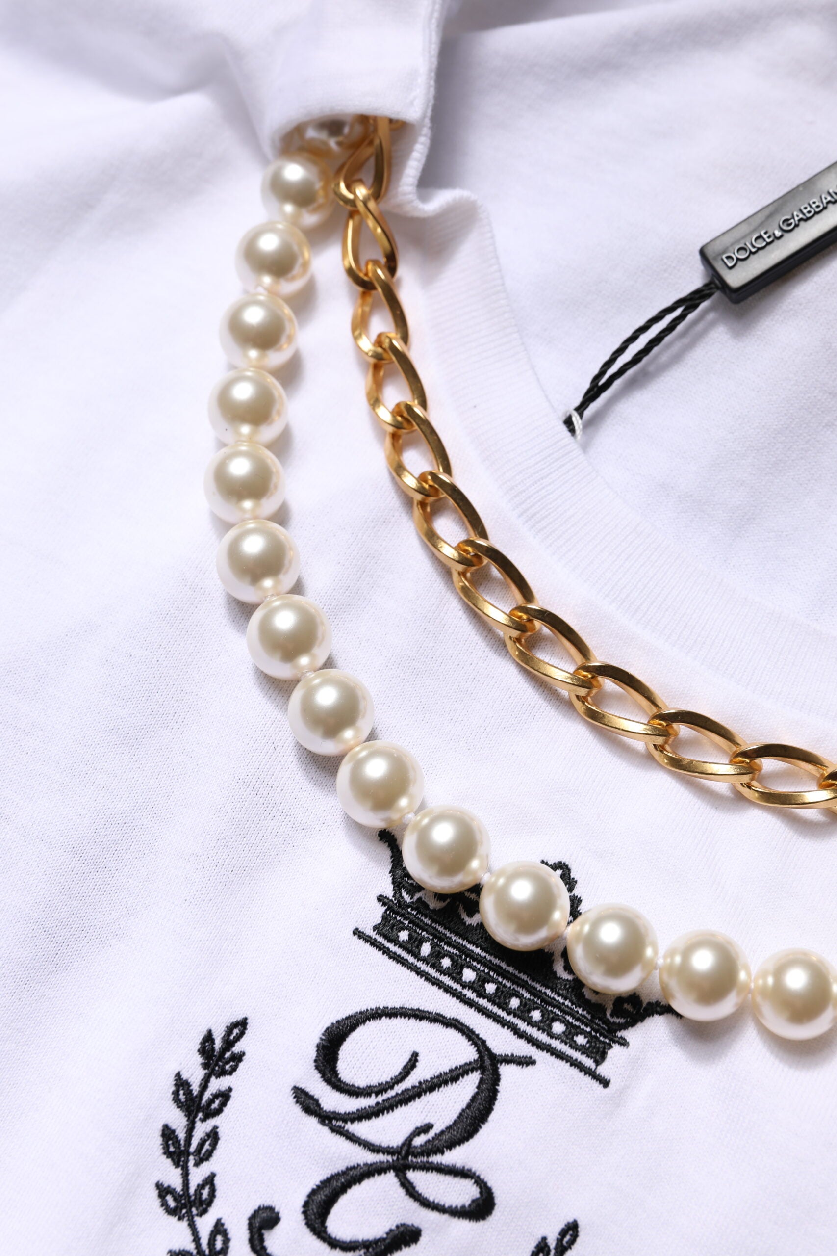 White Chain Pearl Cotton Round Neck T-shirt