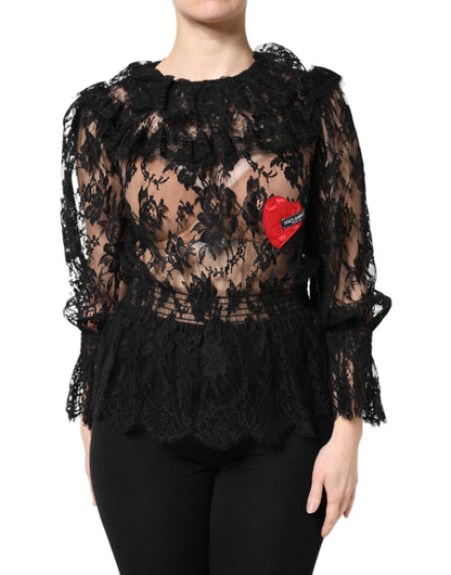 Black Cotton Floral Lace Women Blouse Top