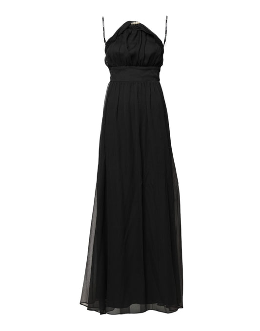 Black Tulle Pearl Sleeveless Long Gown Dress