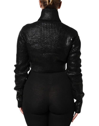 Black Wool Long Sleeve Turtleneck Cropped Top