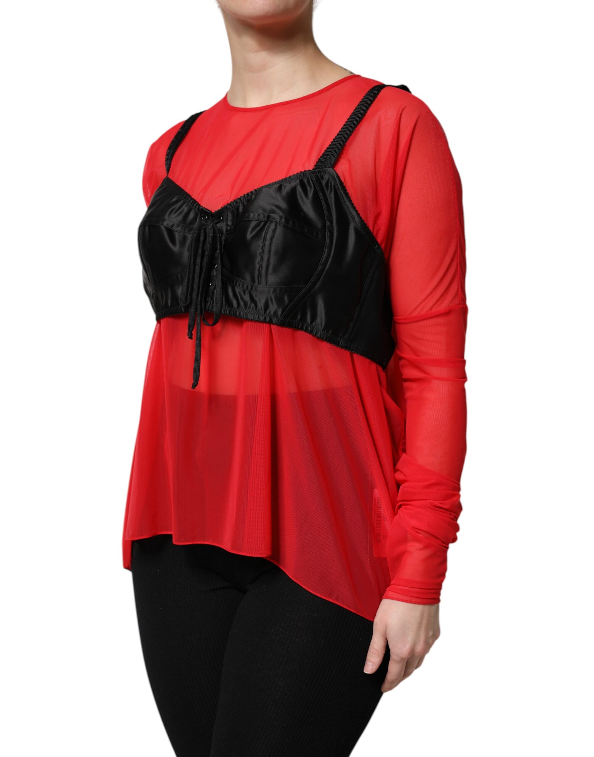 Red Black Bustier Detailing Long Sleeves Top