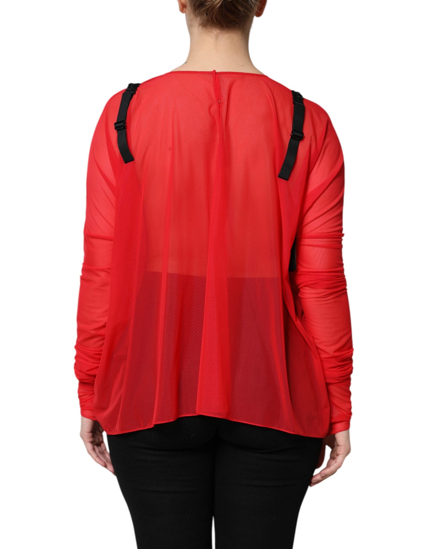 Red Black Bustier Detailing Long Sleeves Top