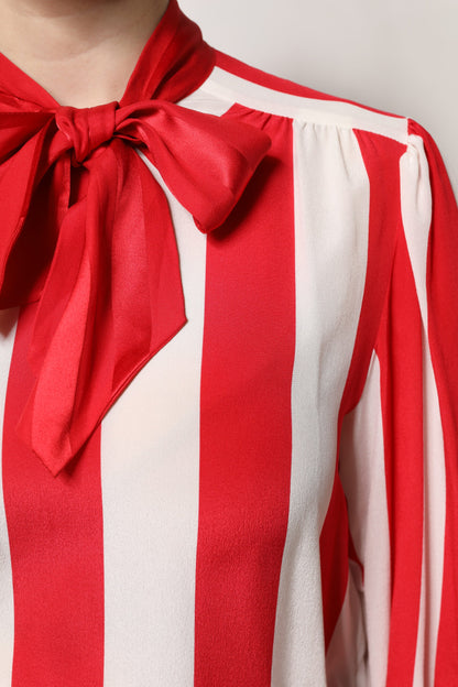 Red White Stripes Ascot Collar Blouse Top