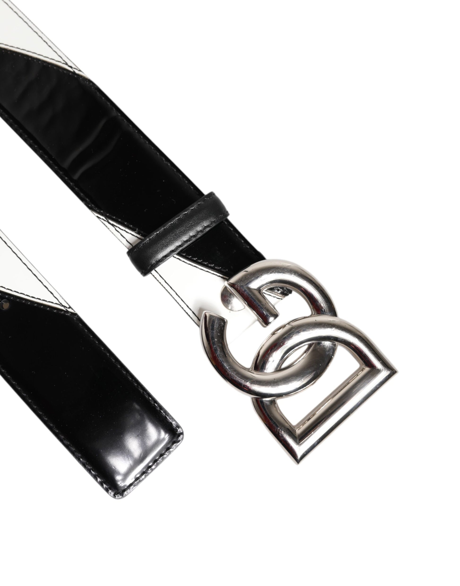 Black White Leather DG Metal Buckle Belt