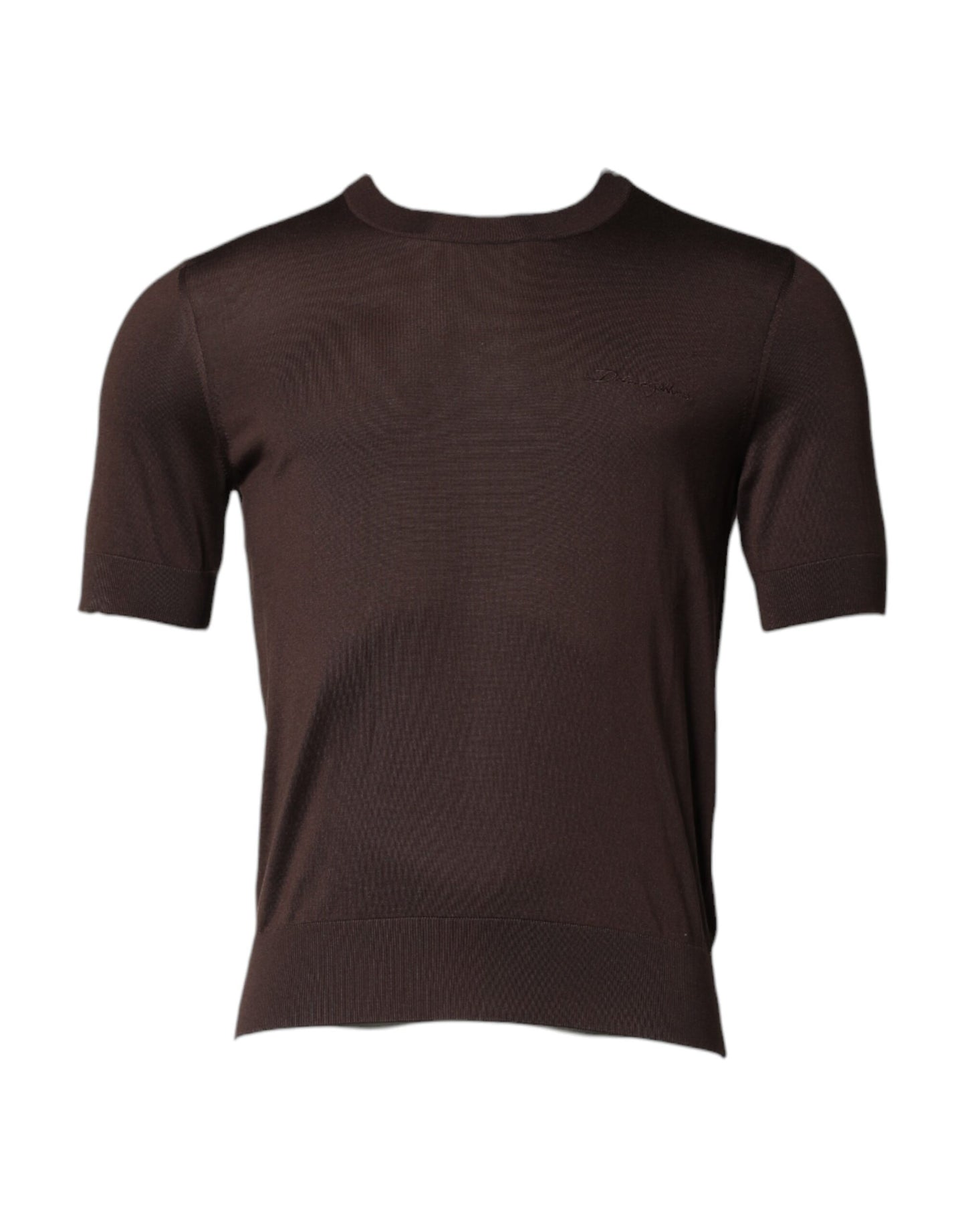 Brown Silk Logo Embroidery Crew Neck T-shirt