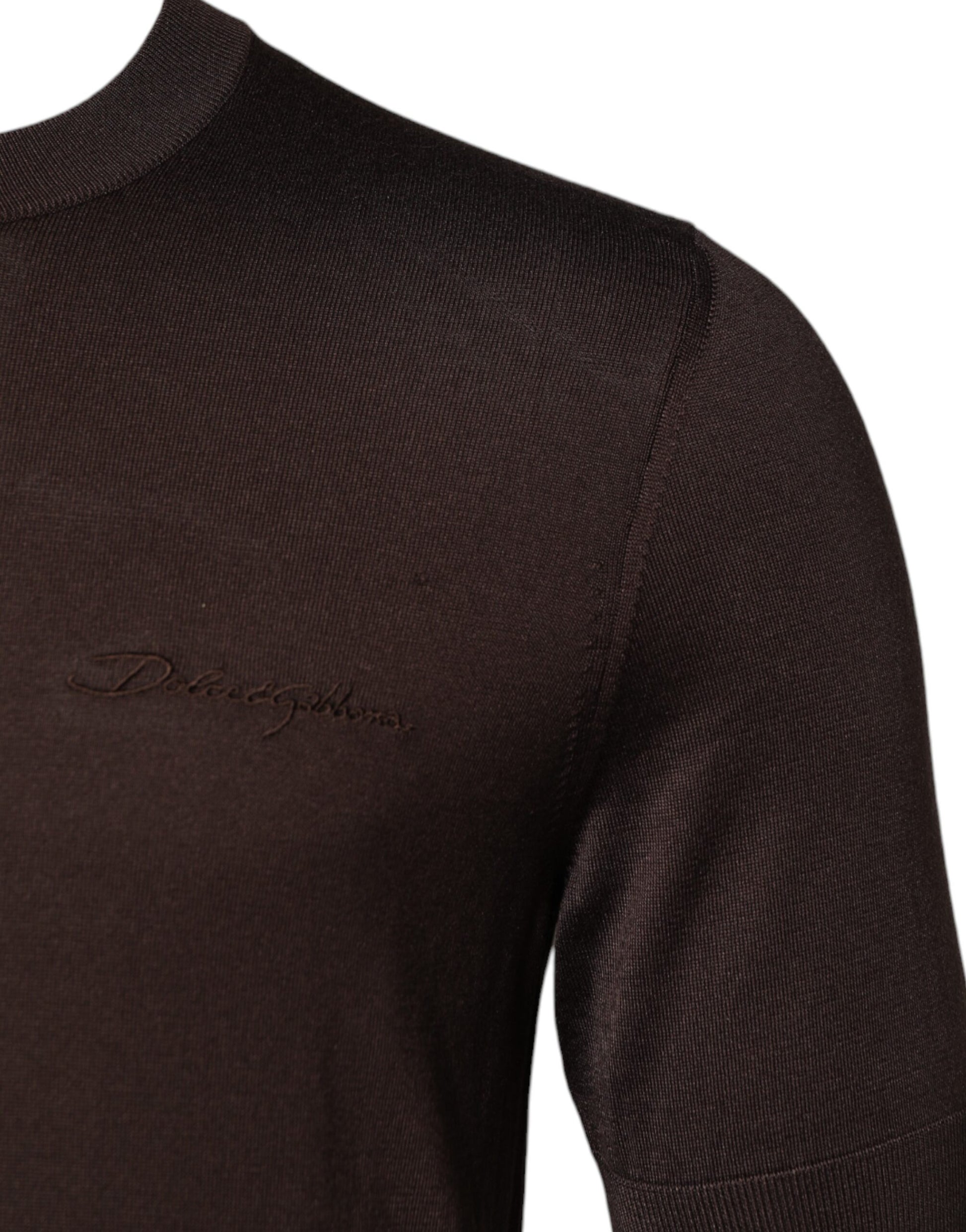 Brown Silk Logo Embroidery Crew Neck T-shirt