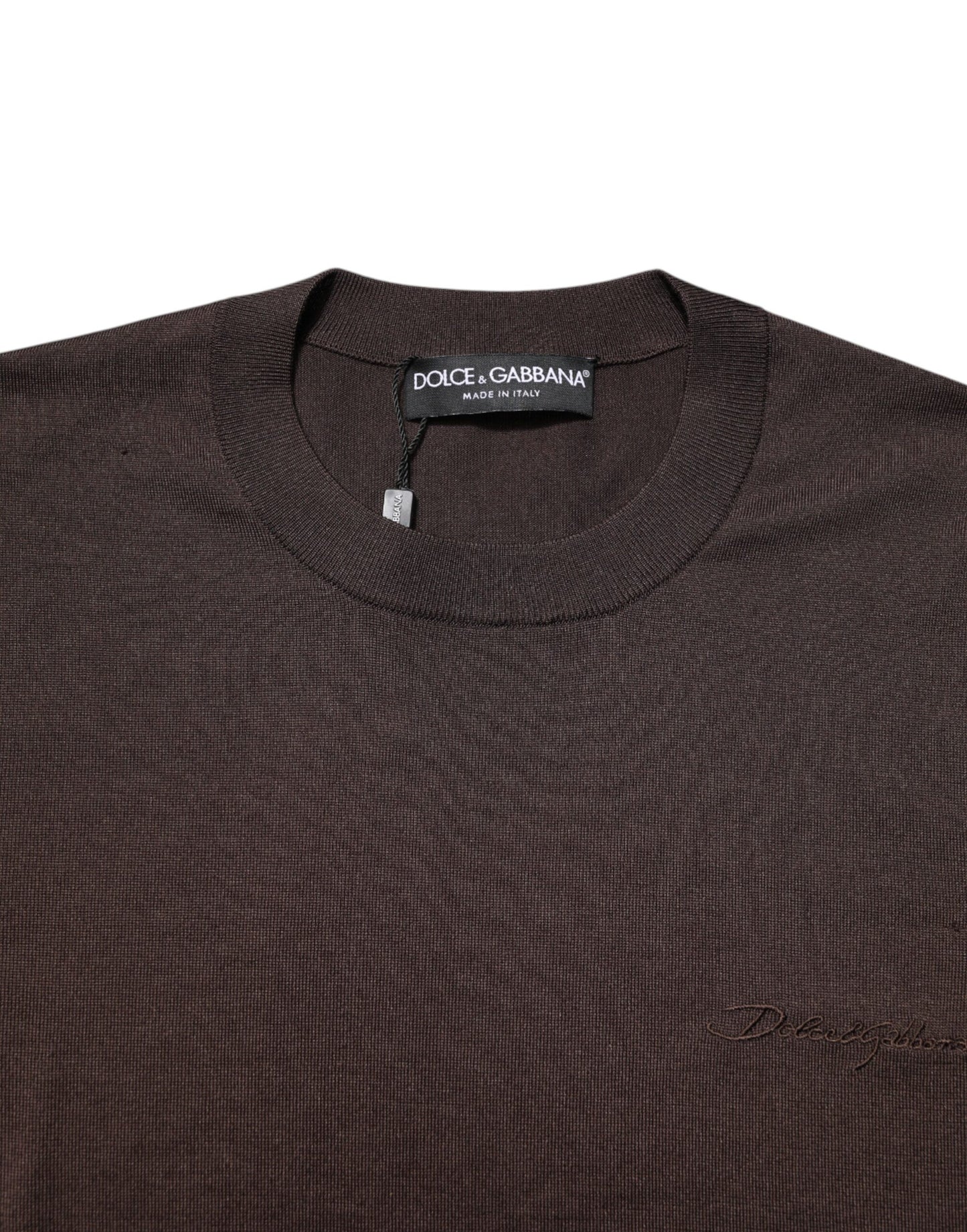 Brown Silk Logo Embroidery Crew Neck T-shirt