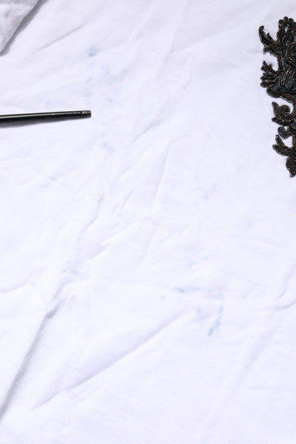 White Cotton Embroidered Round Neck T-shirt