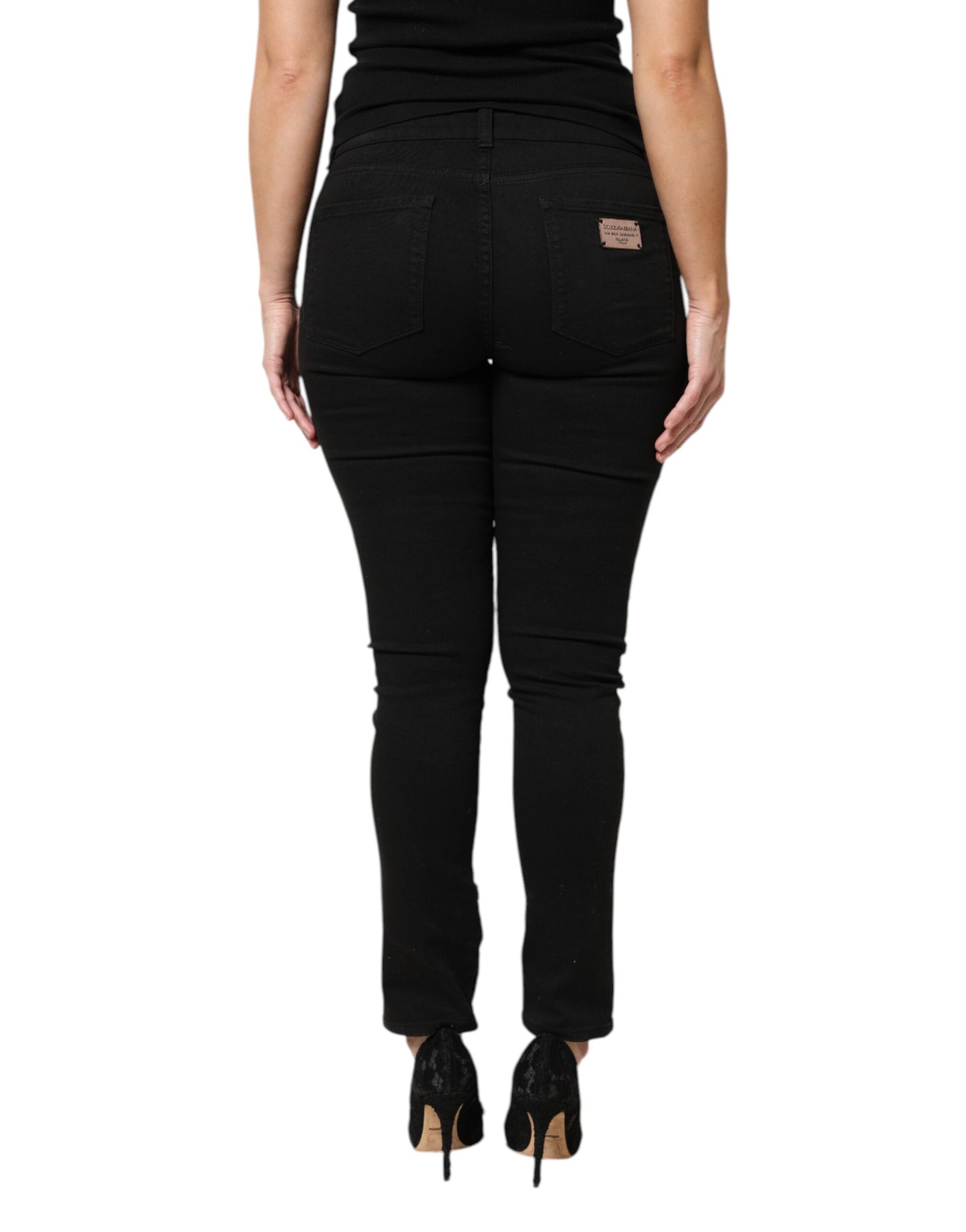 Black Cotton Logo Mid Waist Skinny Denim Jeans