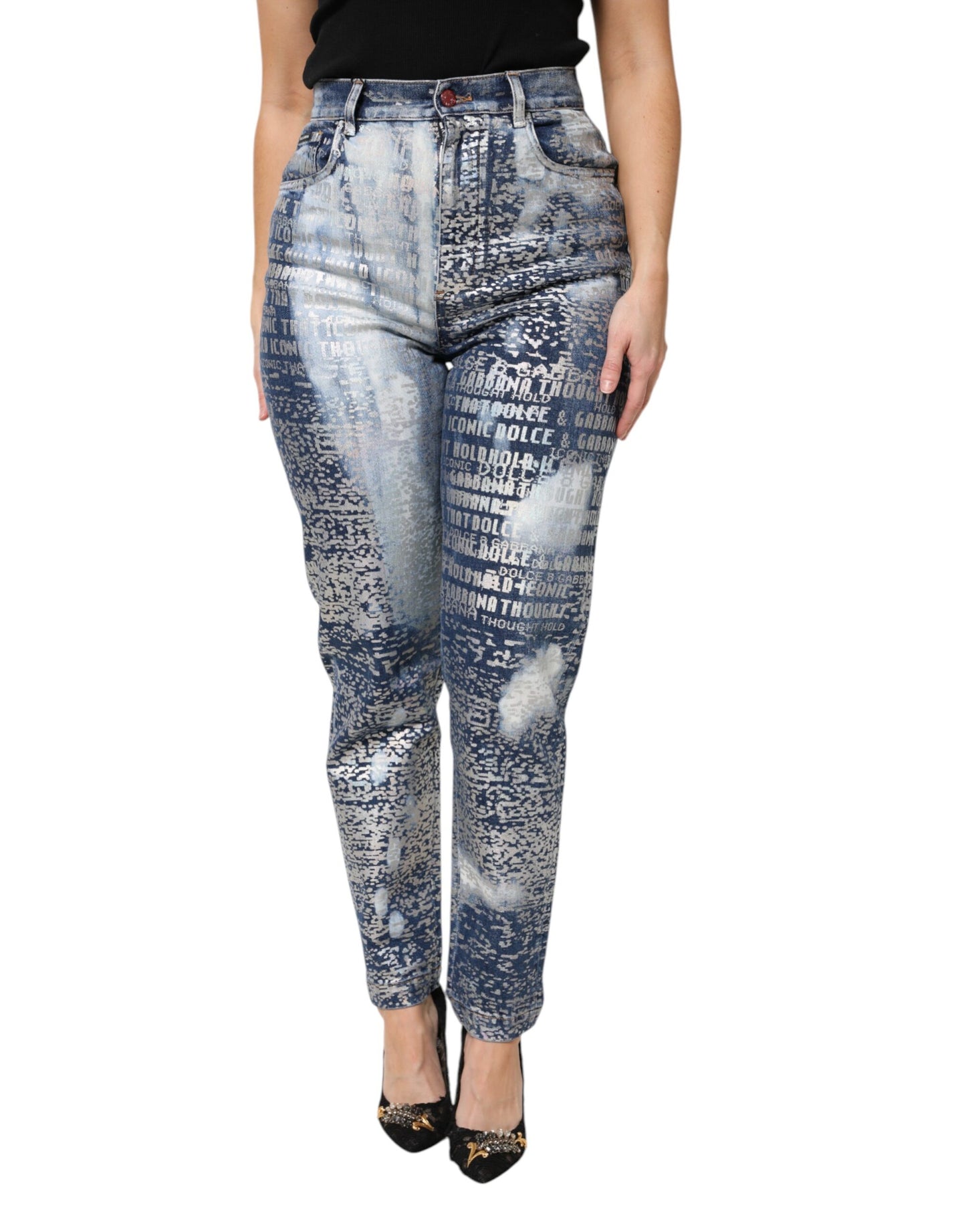 Blue Washed Print High Waist Denim Jeans