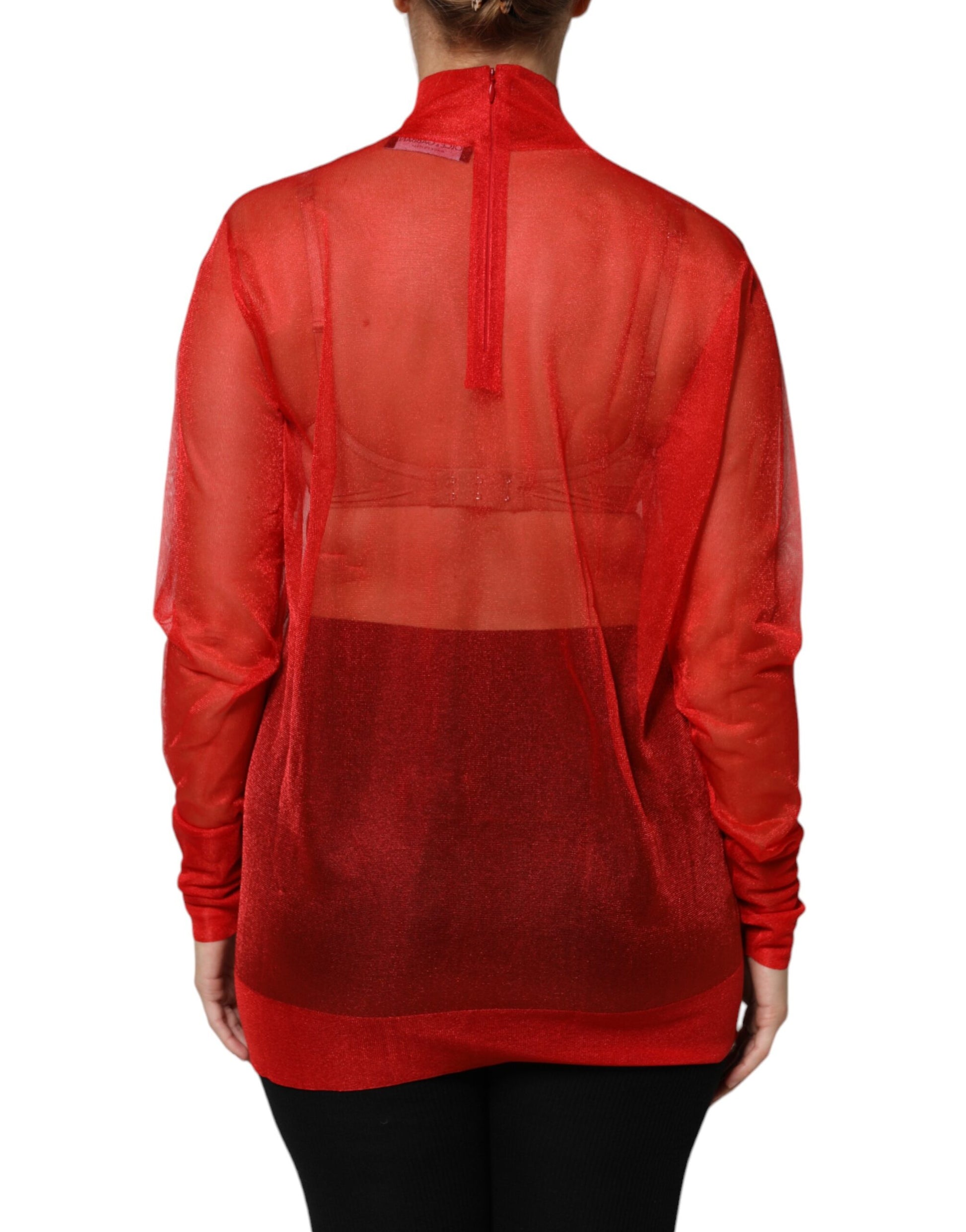 Red Tulle Turtleneck Long Sleeve Blouse Top