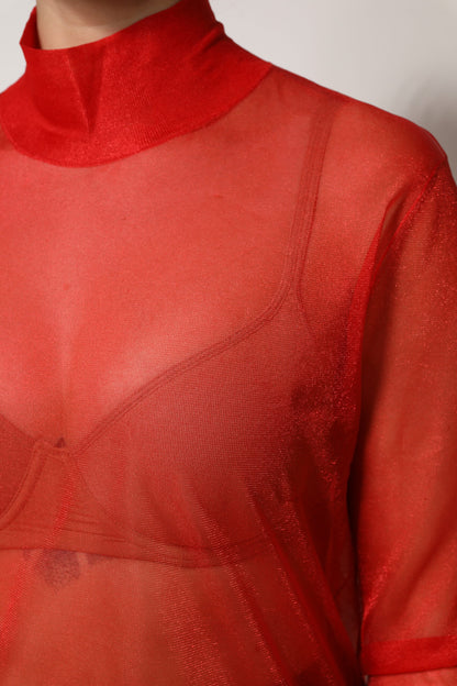 Red Tulle Turtleneck Long Sleeve Blouse Top