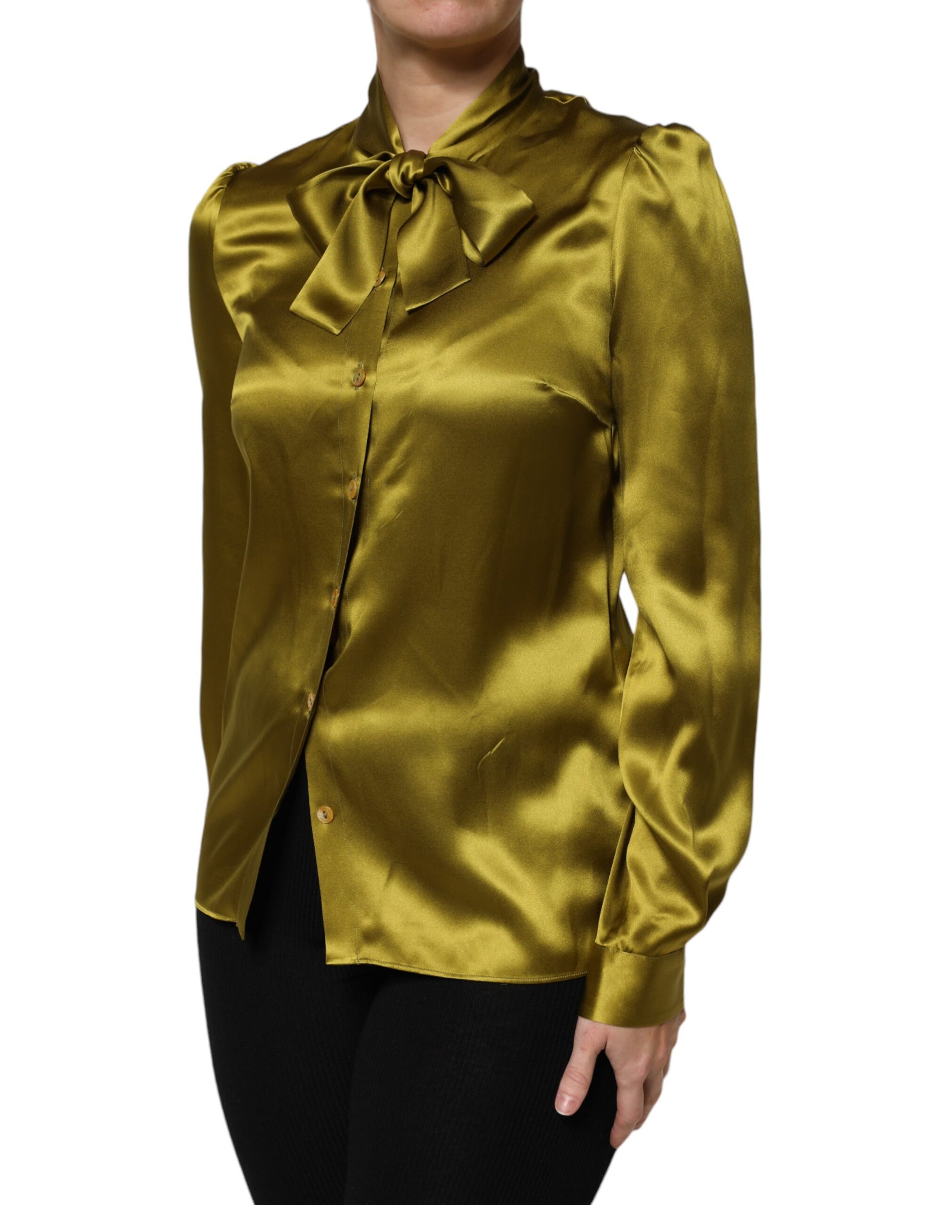 Green Ascot Collar Long Sleeves Blouse Top