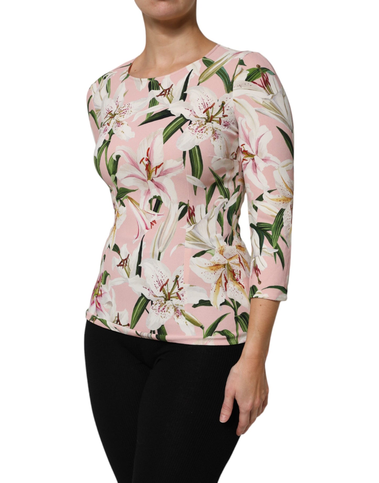 Pink Lily Print Viscose Round Neck Blouse Top