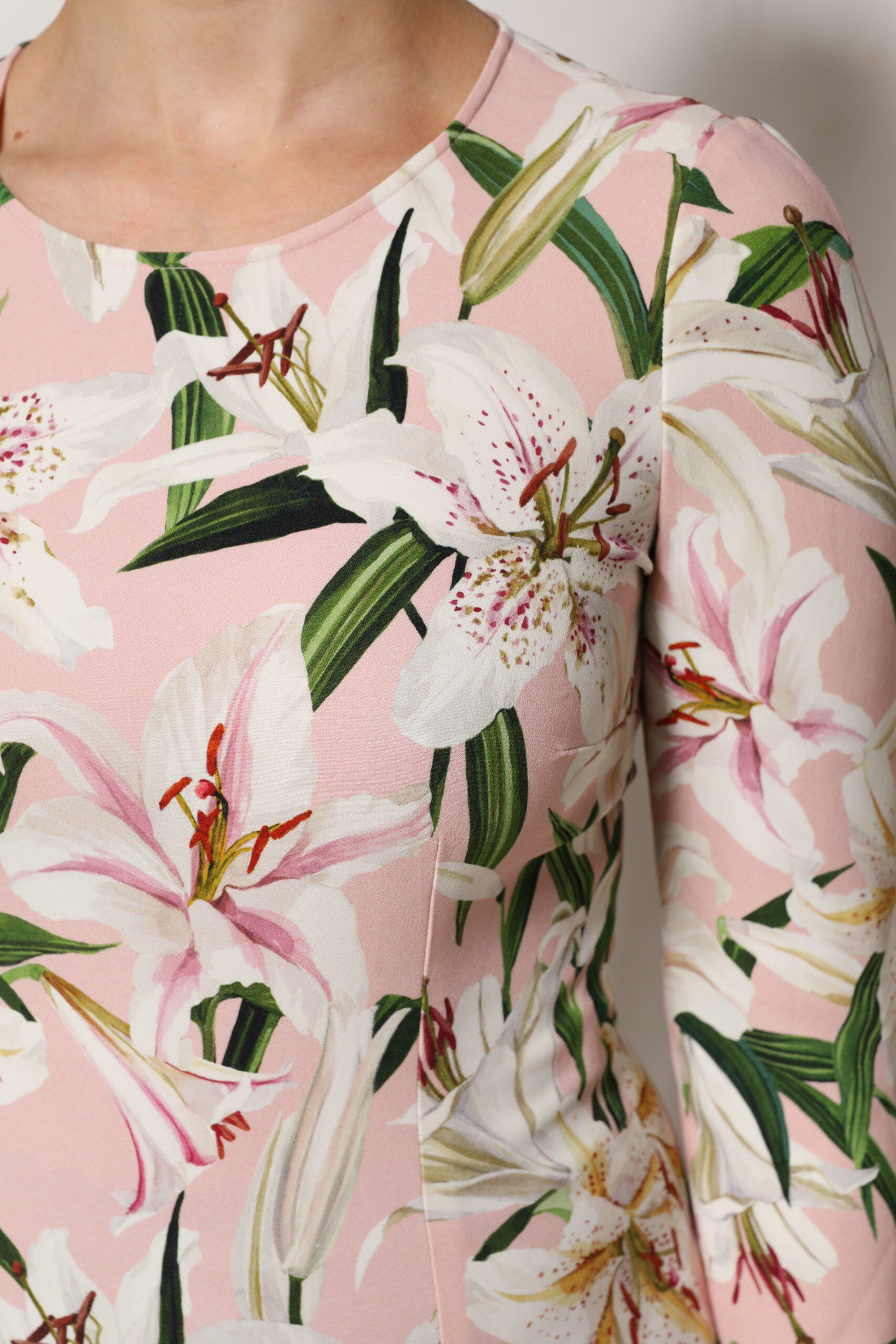 Pink Lily Print Viscose Round Neck Blouse Top