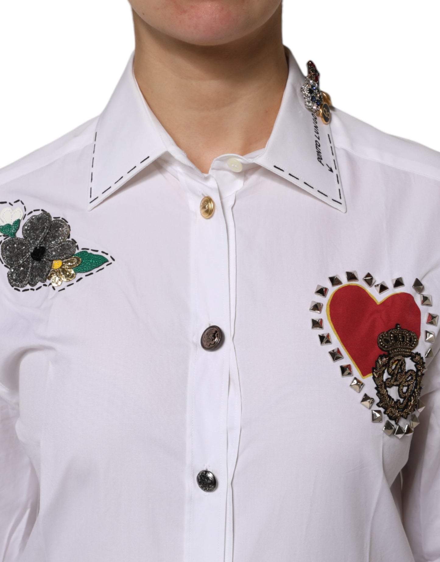 White Cotton Floral Embellished Shirt Top