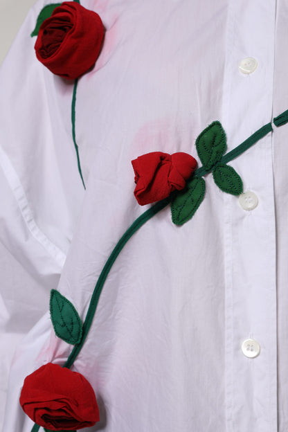 White Cotton Floral Appliques Dress Shirt Top