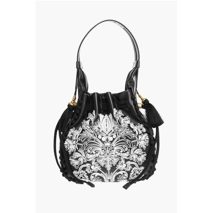 Embroidered Leather Bucket Bag with Tassels