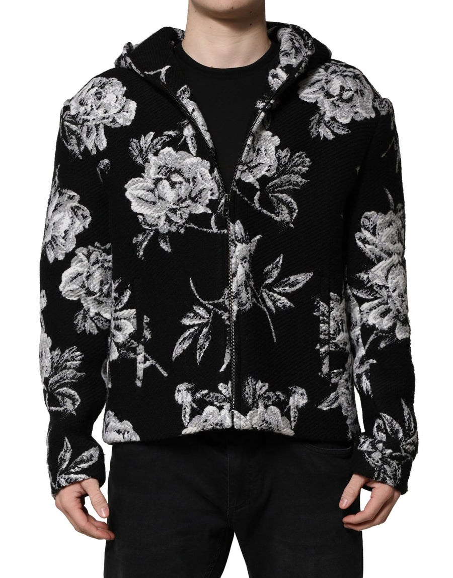 Black Wool Floral Printed Men Hooded Jacket