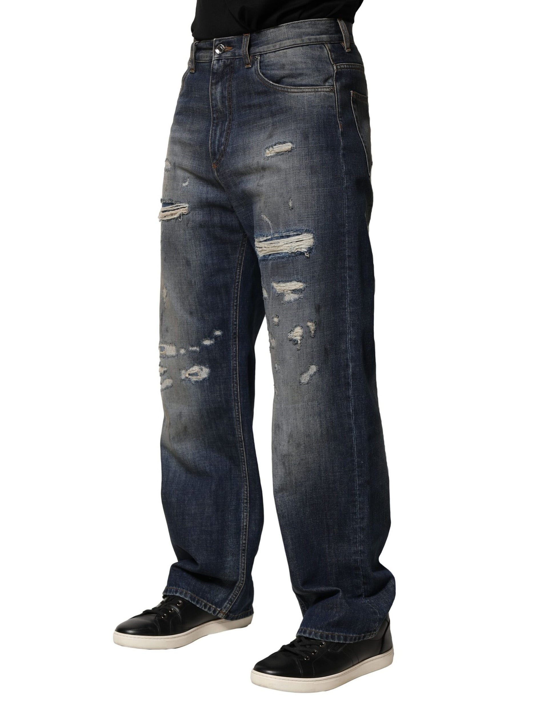 Blue Washed Tattered Cotton Men Jeans