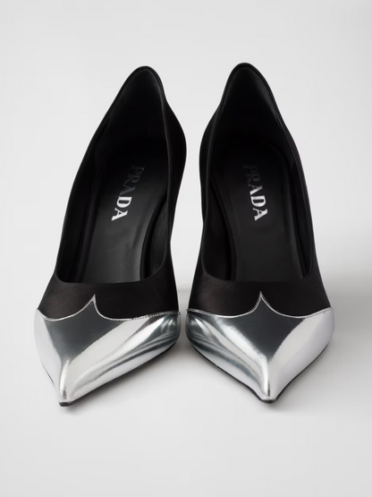 Black Satin And Metallic Silver Leather Pumps