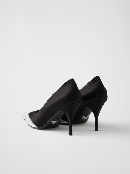 Black Satin And Metallic Silver Leather Pumps