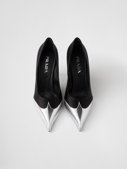 Black Satin And Metallic Silver Leather Pumps