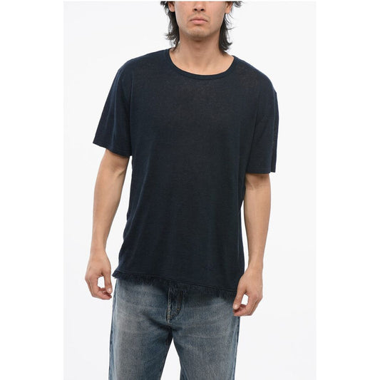 Linen Crew-neck T-Shirt with Frayed Hem