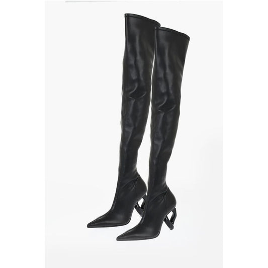 Pointed Leather CHAIN Thigh-High Boots With Statement Heel 9