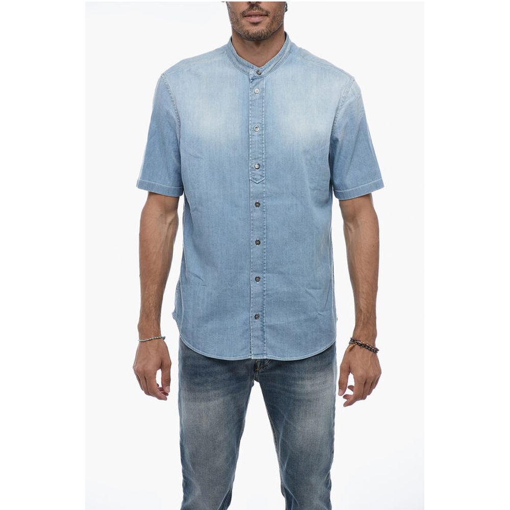 Denim Shirt with Mandarin Collar