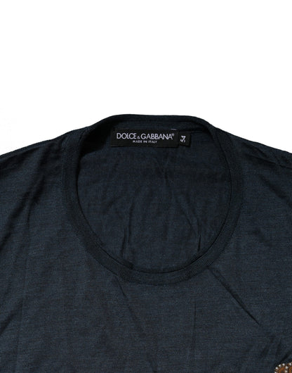 Dark Blue Silk Logo Patch Crew Neck T-shirt