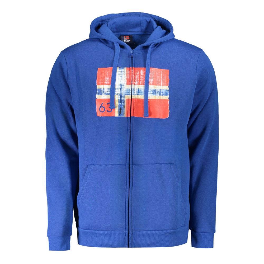 Blue Cotton Men Sweater with Hood and Pockets