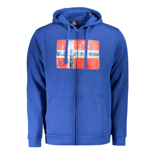 Blue Cotton Men Sweater with Hood and Pockets