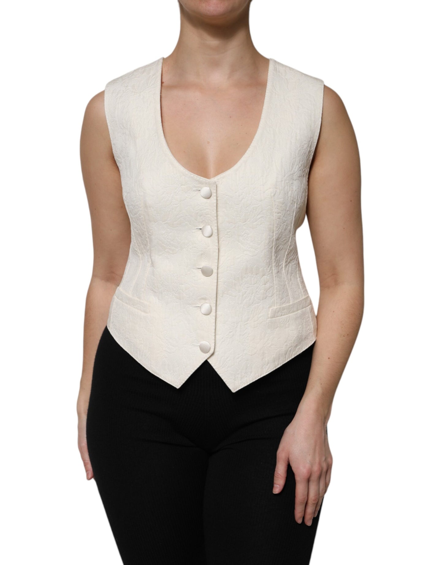 Ivory Cotton Button Down Sleeveless Vest Top
