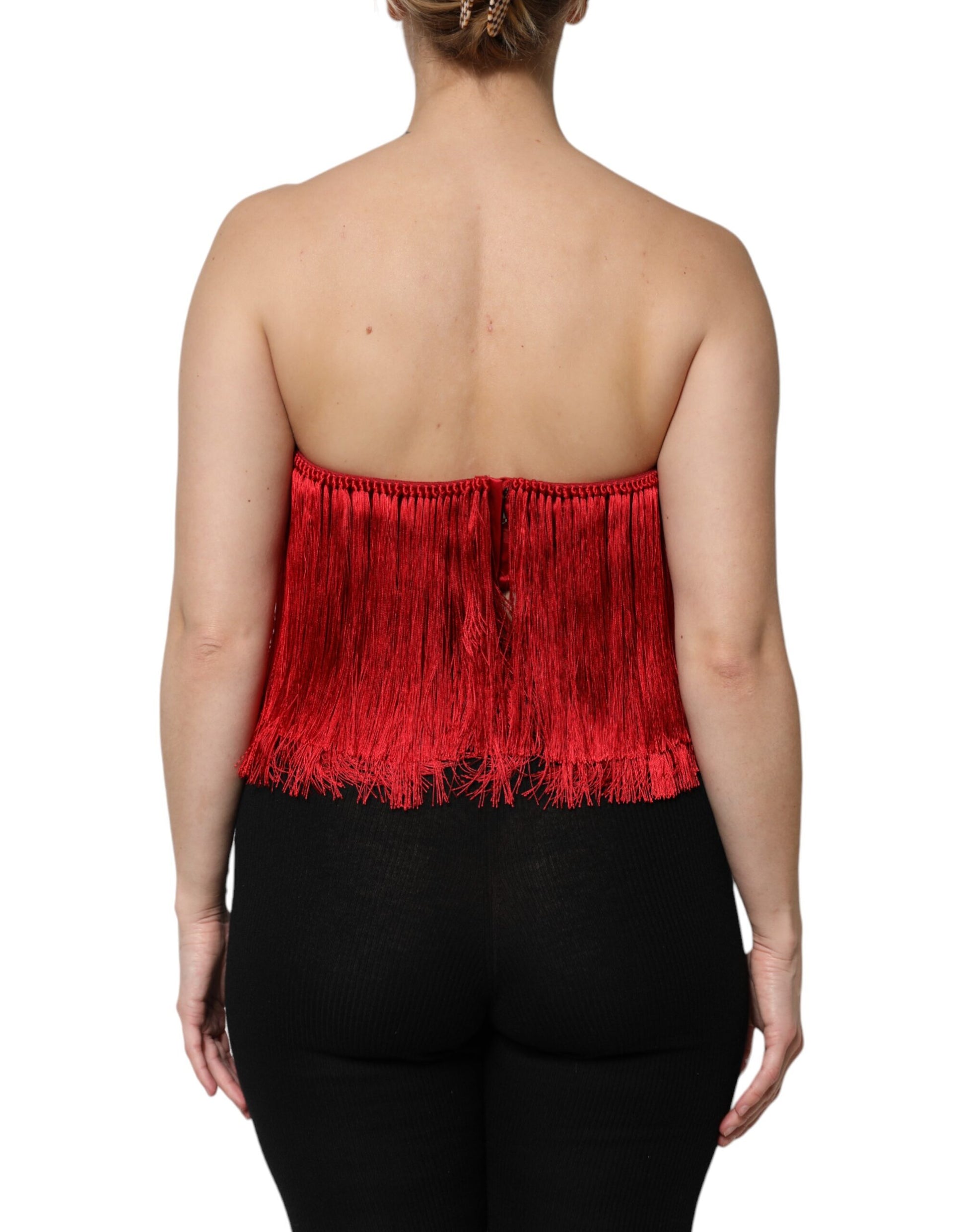 Red Silk Strapless Fringe Crop Tube Top