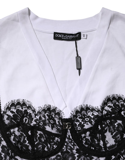 White Lace Cotton V-Neck Short Sleeves Top